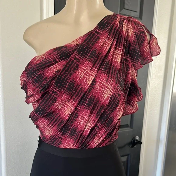 Bebe One-Shoulder Red and Black Dress - Picture 2 of 7